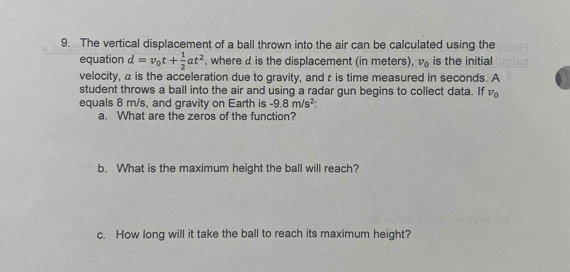 The vertical displacement of a ball thrown into