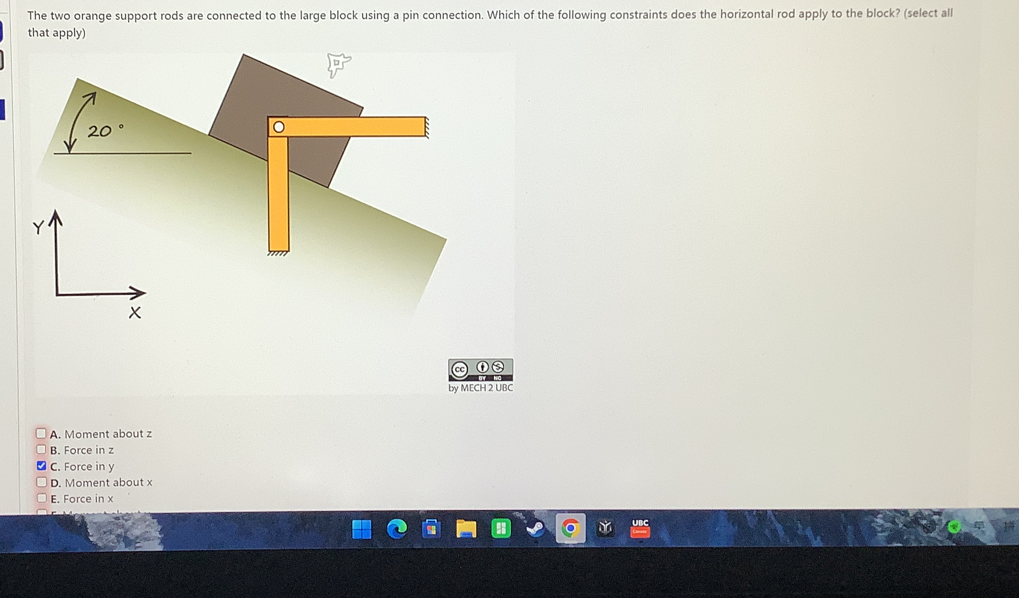 The two orange support rods are connected to the