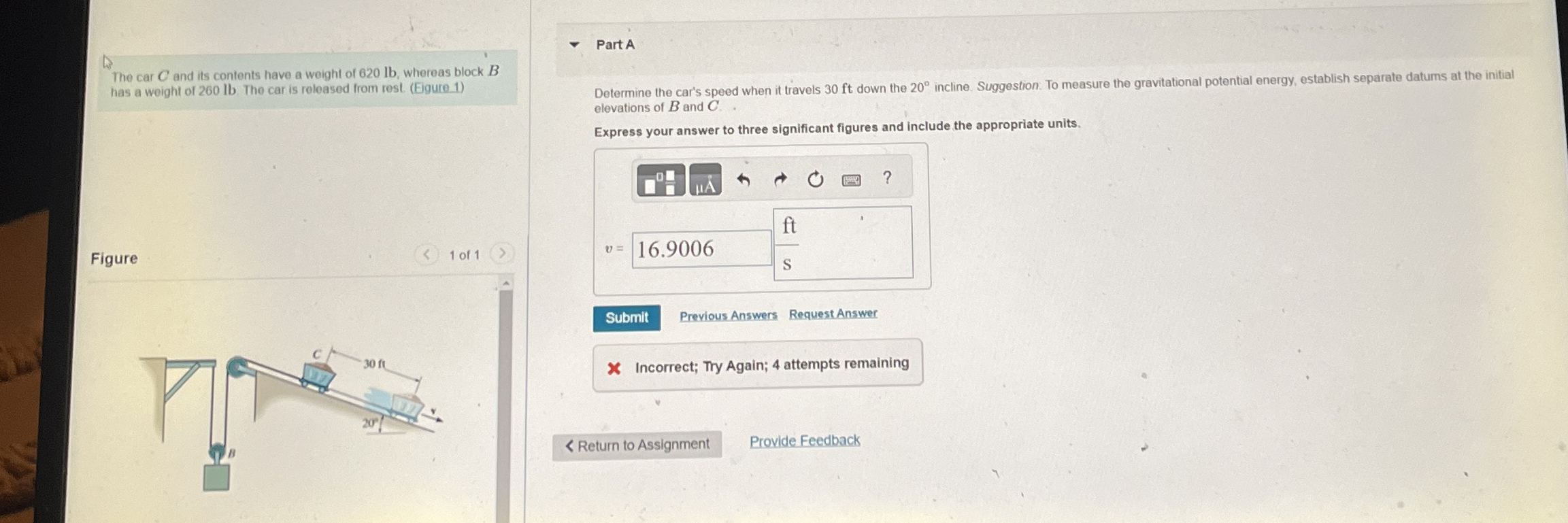 The car C and its contents have a weight of 6 2 0