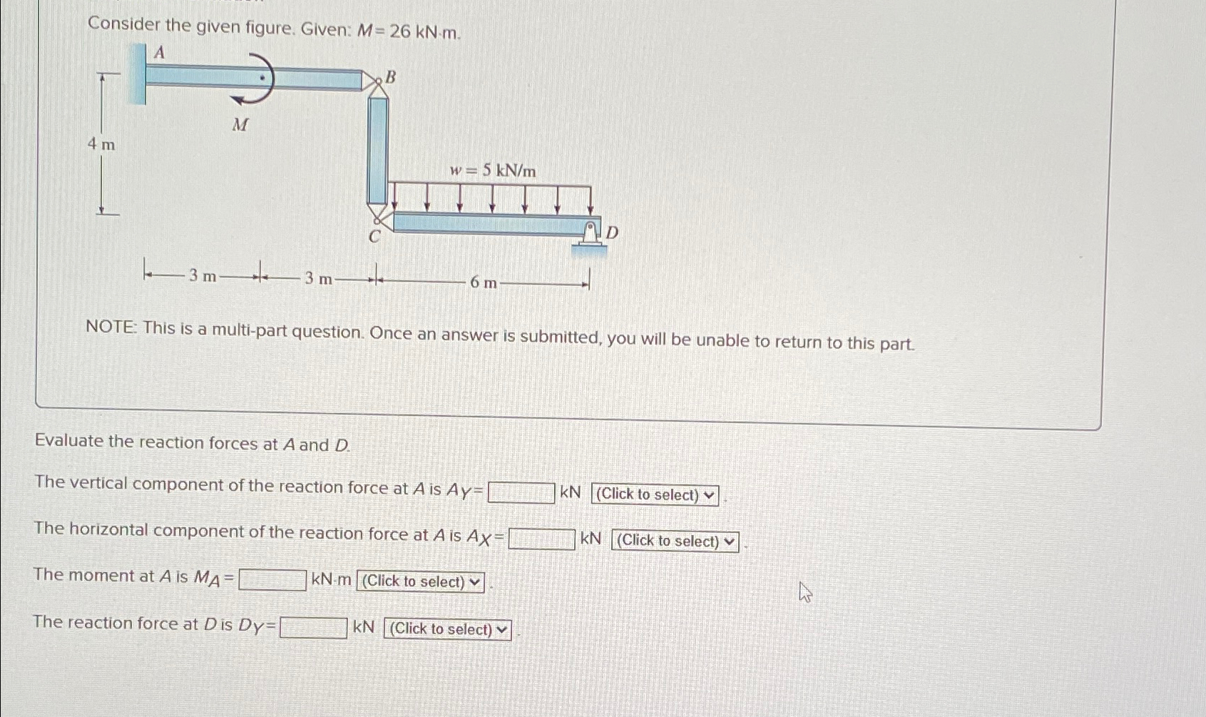 Evaluate the reaction forces at A and D . The