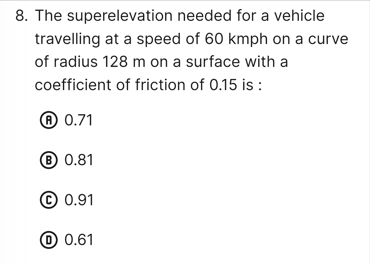 The superelevation needed for a vehicle
