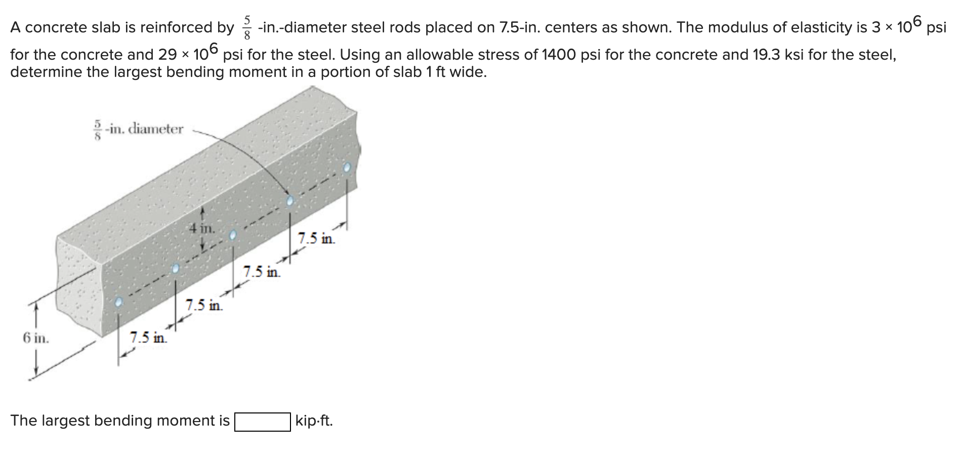 A concrete slab is reinforced by 5 8 - in . -