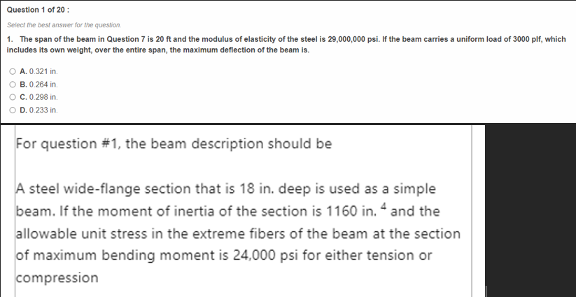 For question # 1 , the beam description should be