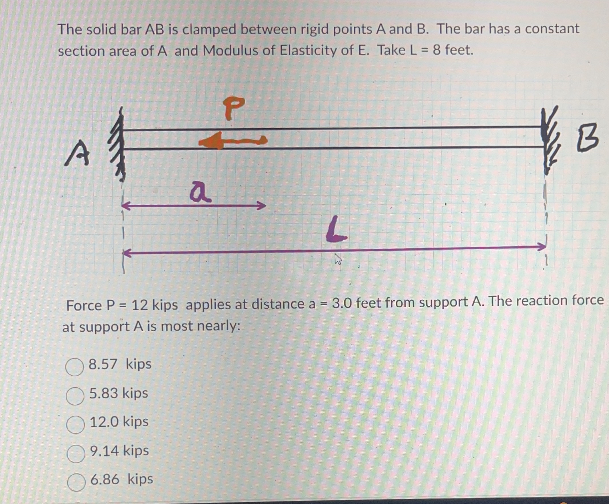 The solid bar A B is clamped between rigid points