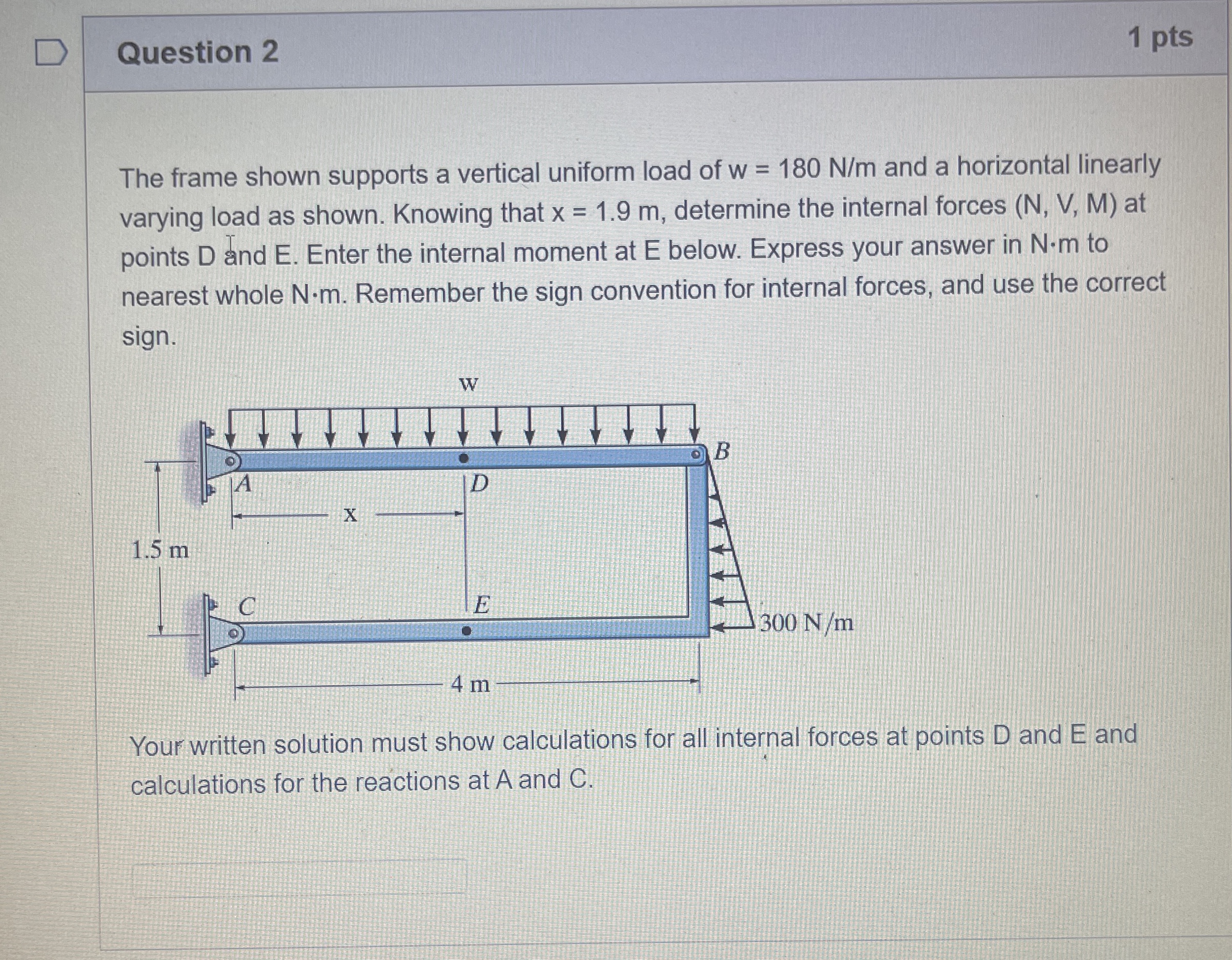Question 2 1 pts The frame shown supports a