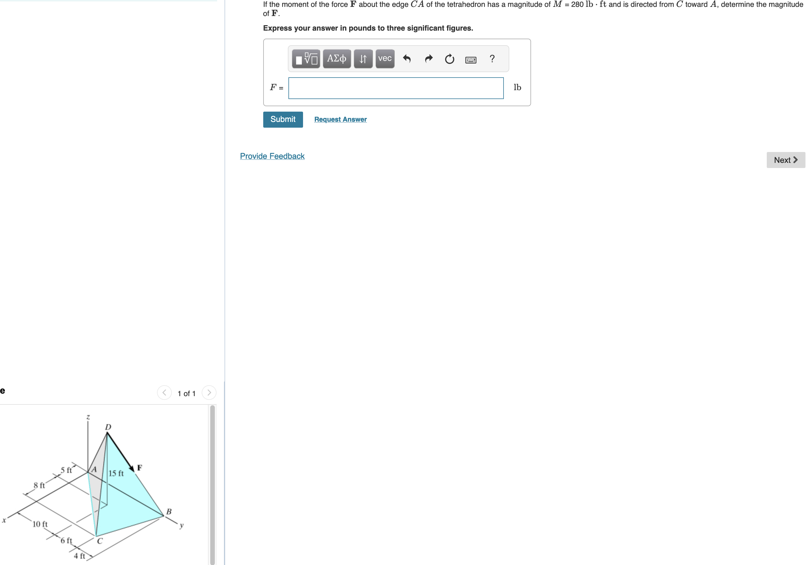 If the moment of the force F about the edge C A