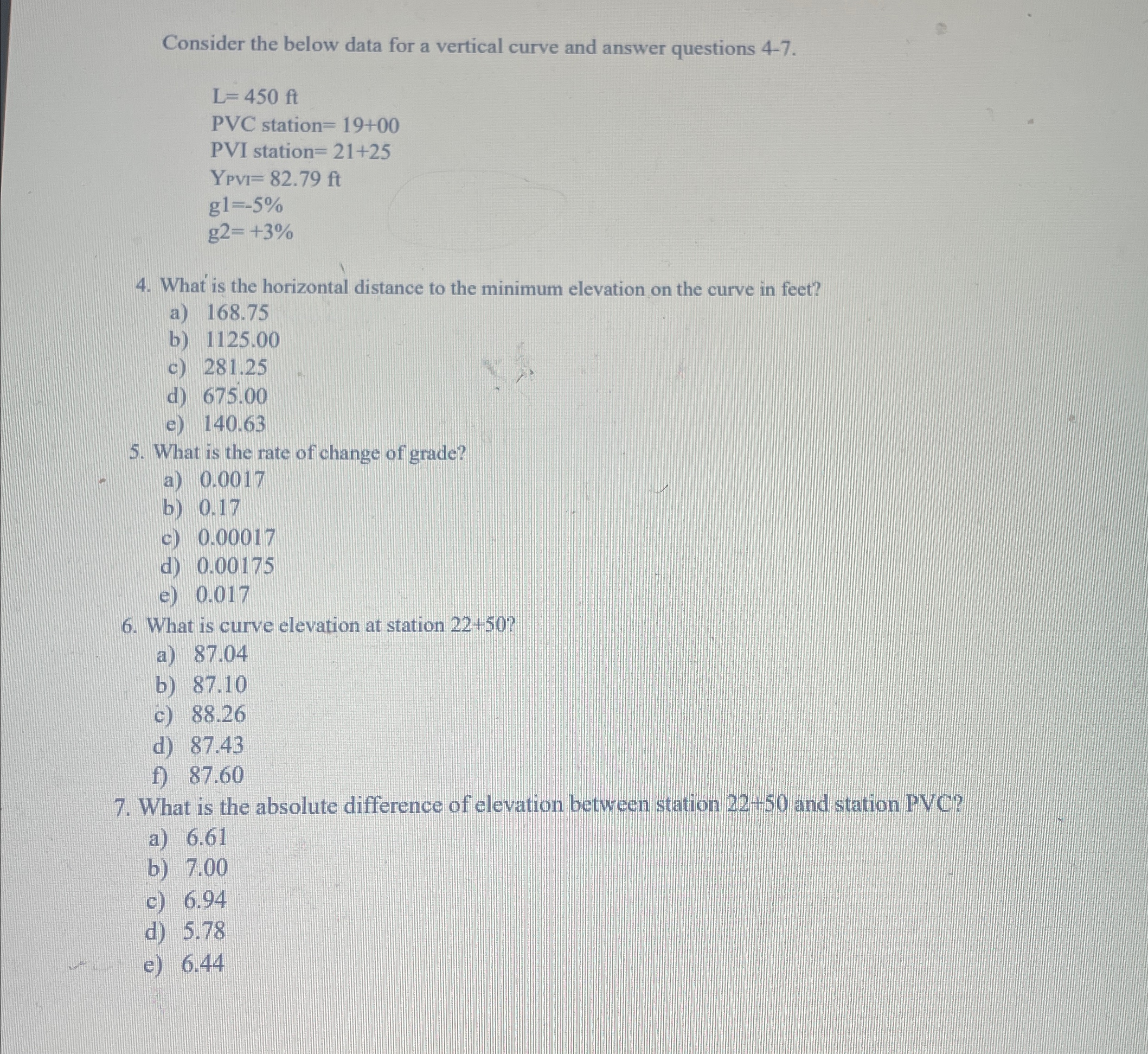 Consider the below data for a vertical curve and