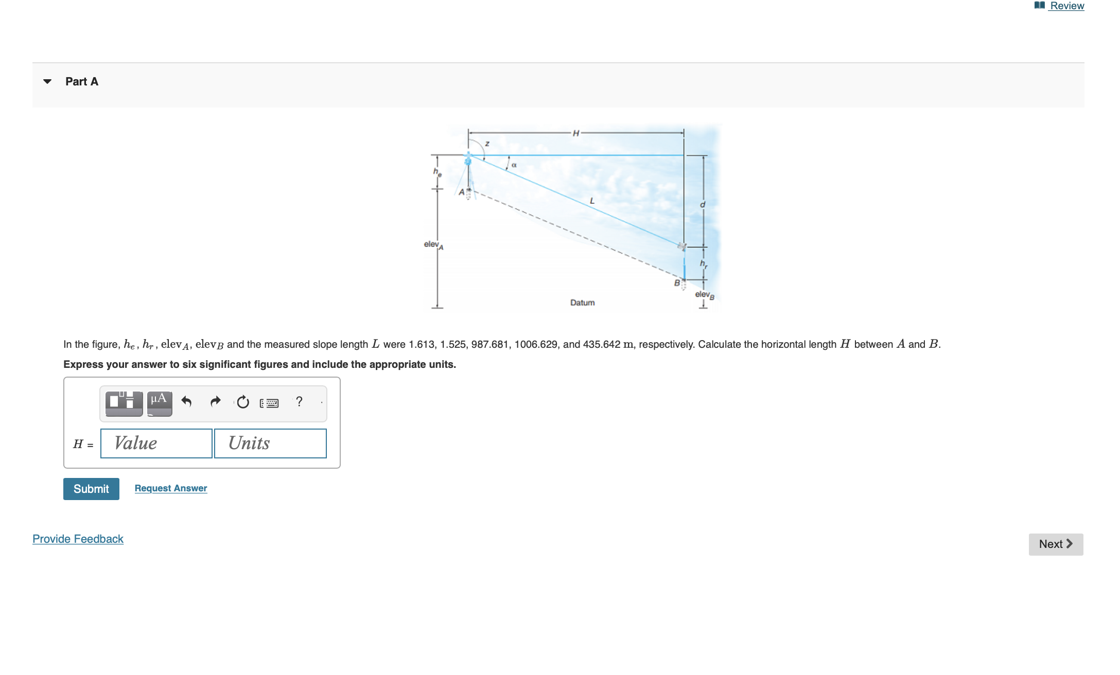 Part A In the figure, h e , h r , e l e v A , e l