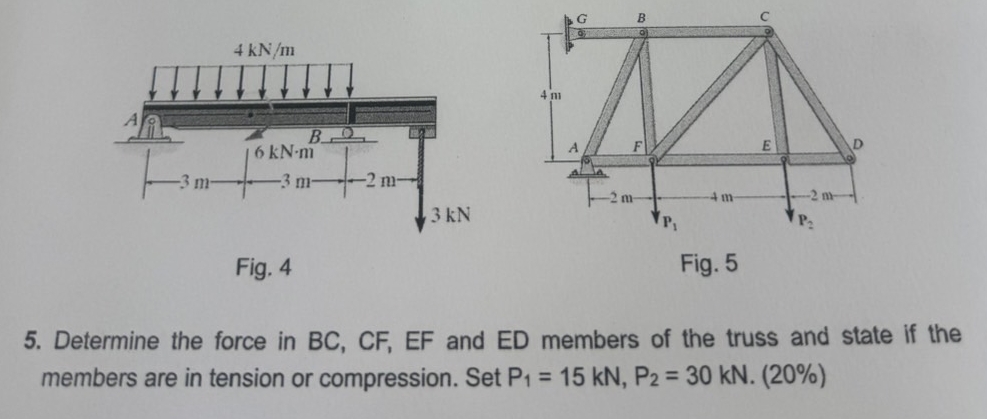 Determine the force in B C , C F , E F and E D