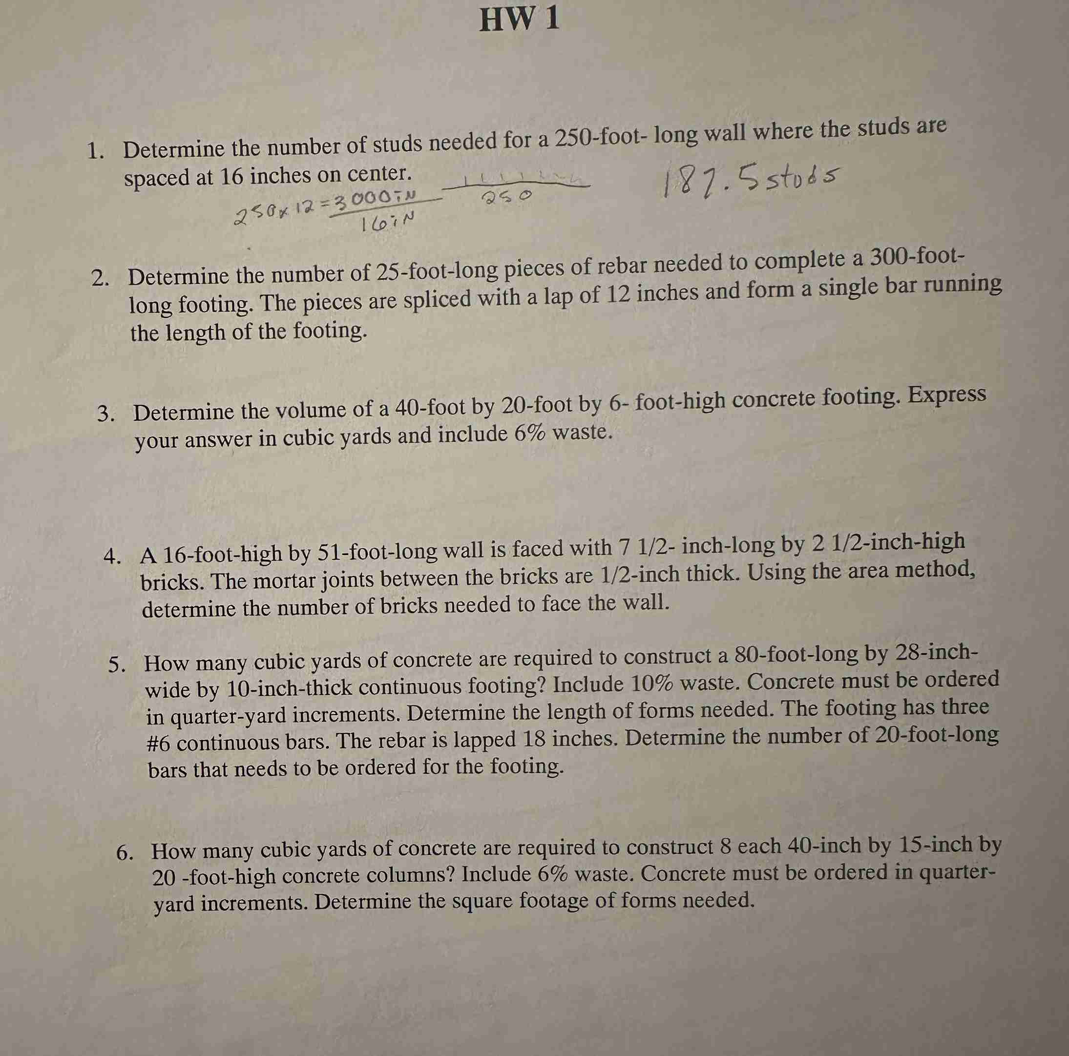 HW 1 Determine the number of studs needed for a 2