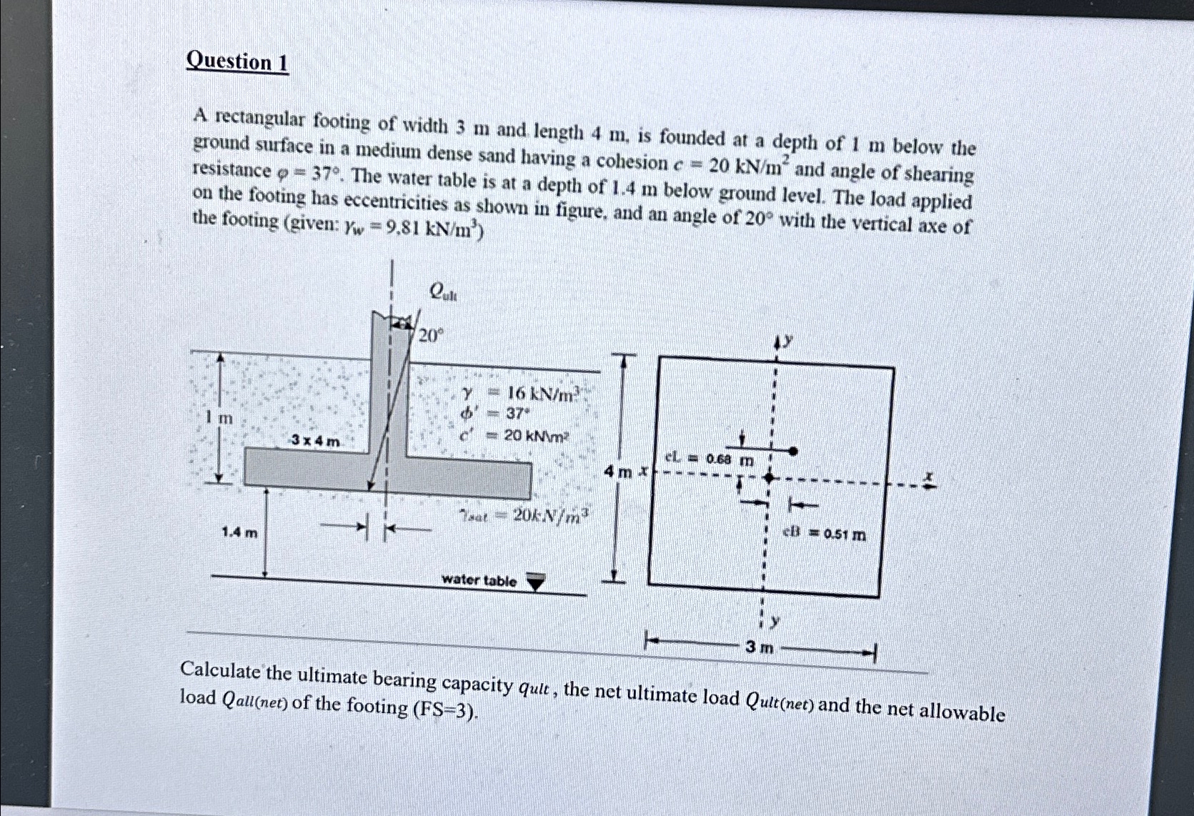 Question 1 A rectangular footing of width 3 m and