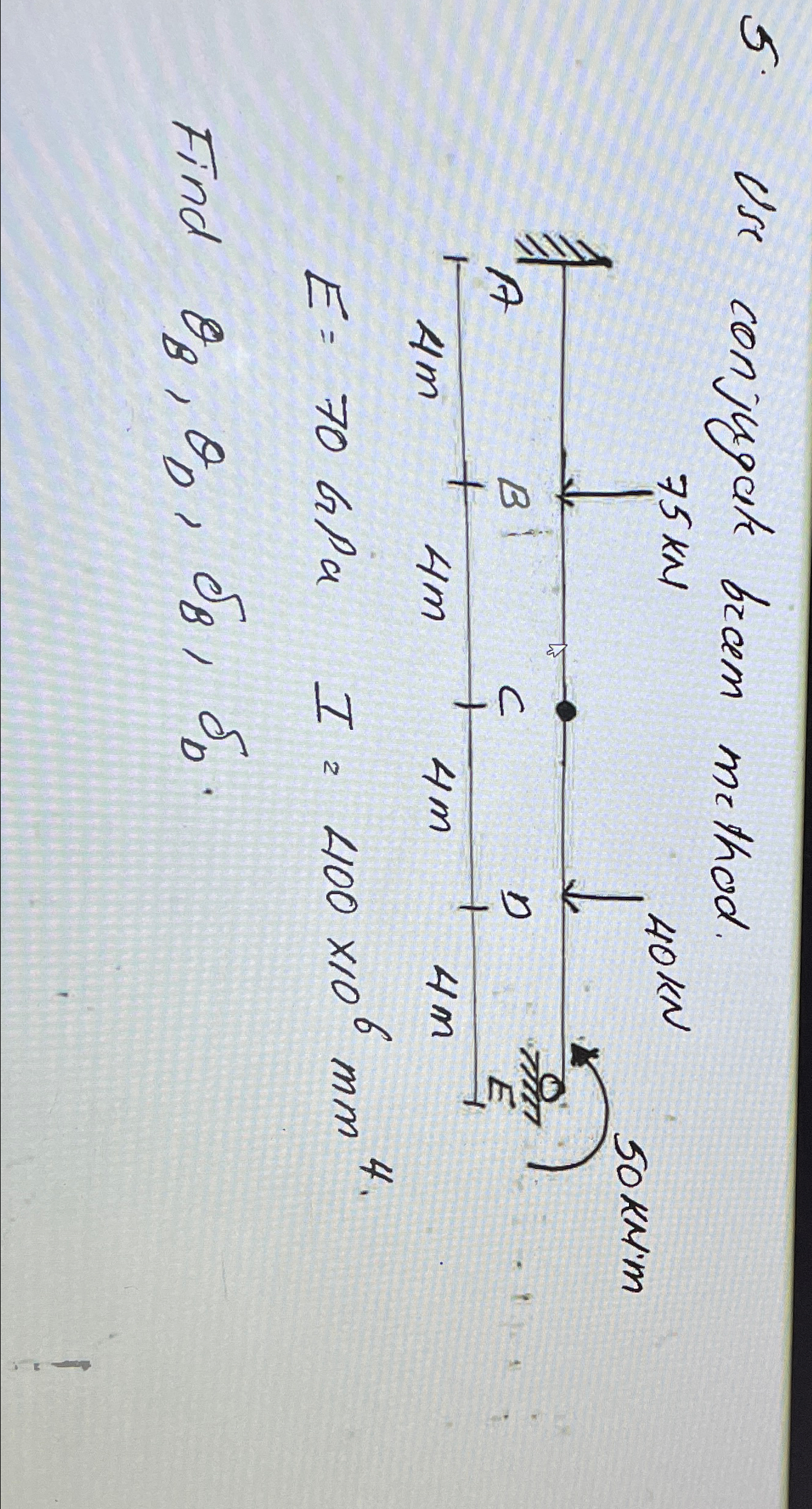 Use conjugate Beam method. E = 7 0 GPa, I = 4 0 0