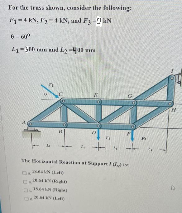 For the truss shown, consider the following: F 1