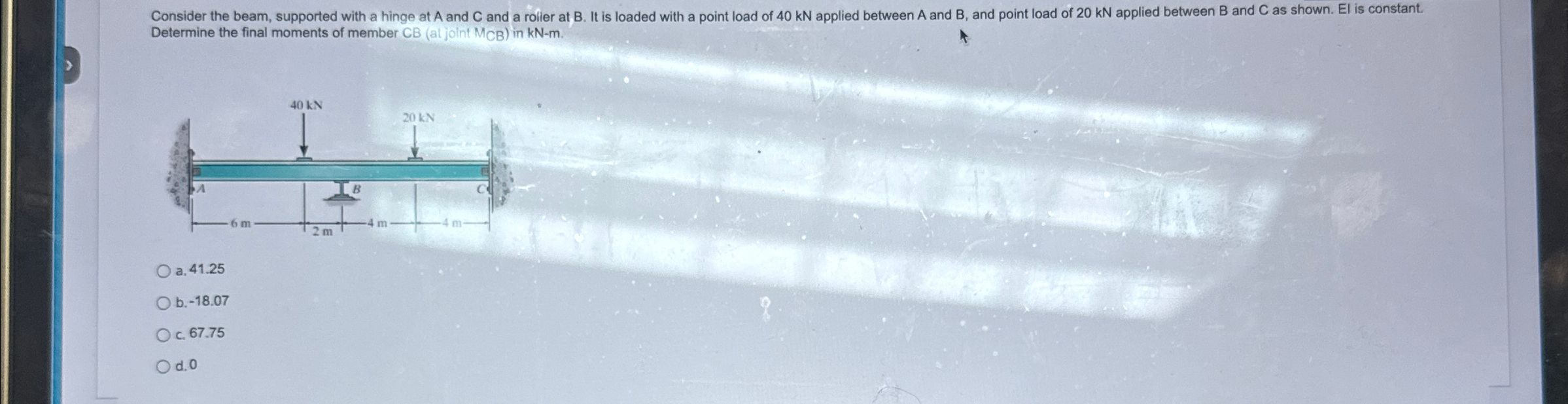 Consider the beam, supported with a hinge at A