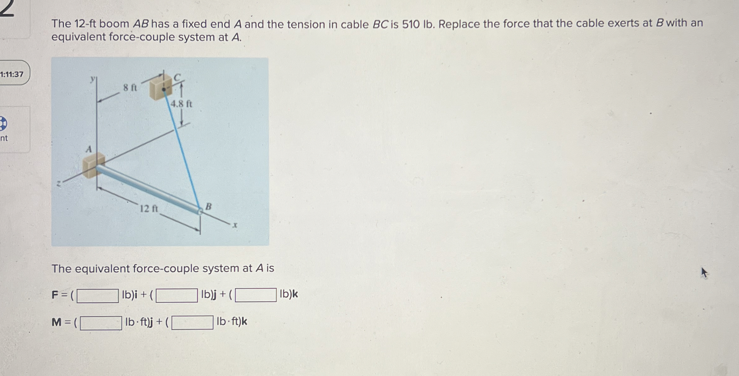 The 1 2 - ft boom A B has a fixed end A and the