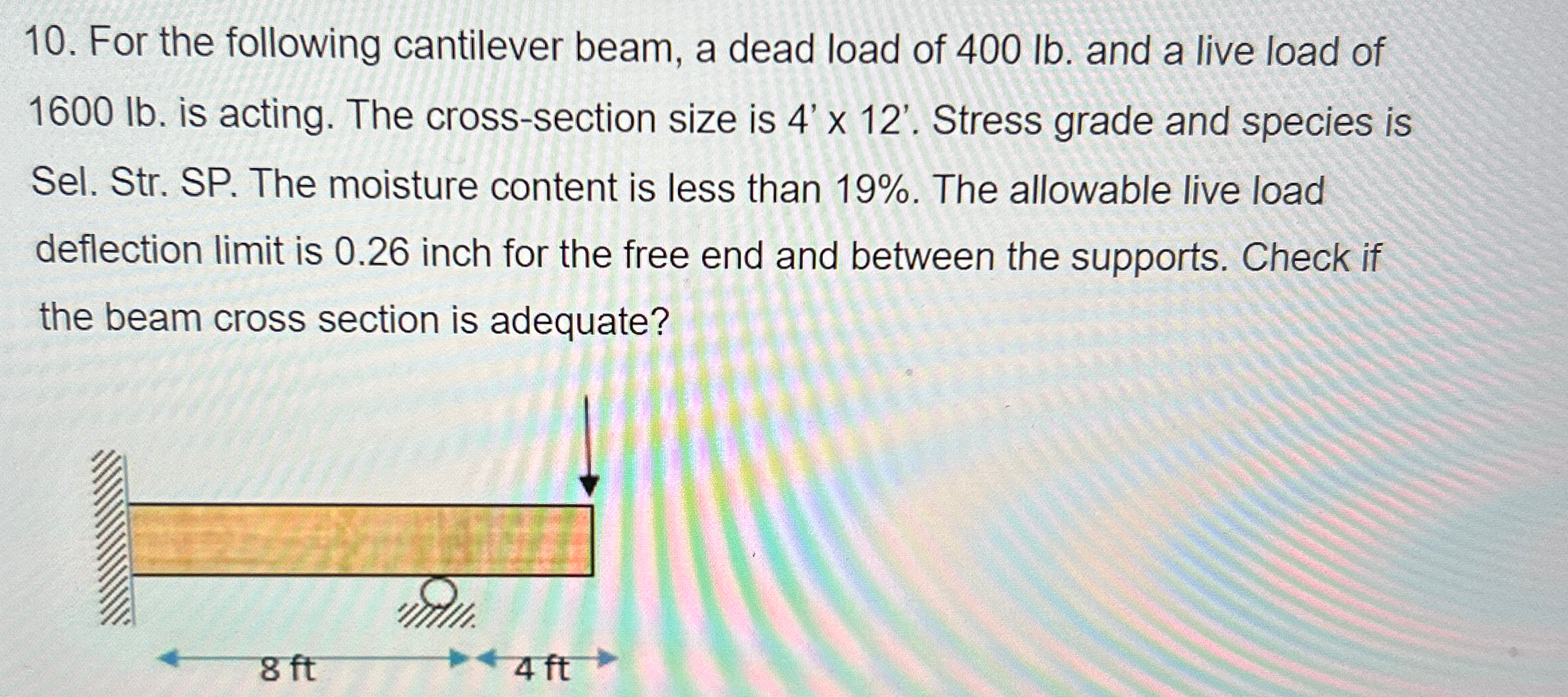 For the following cantilever beam, a dead load of