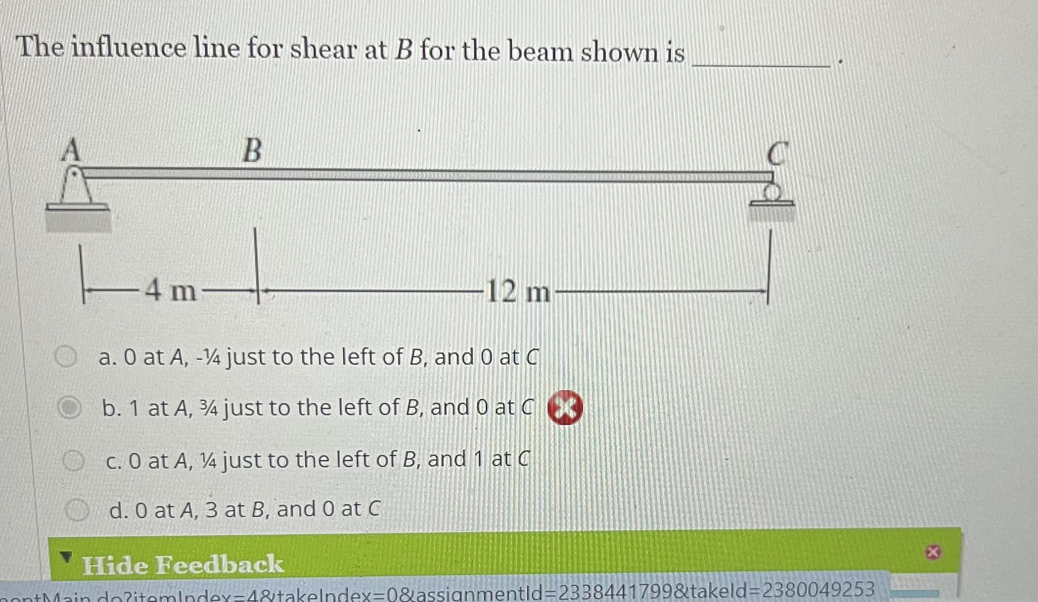 The influence line for shear at B for the beam