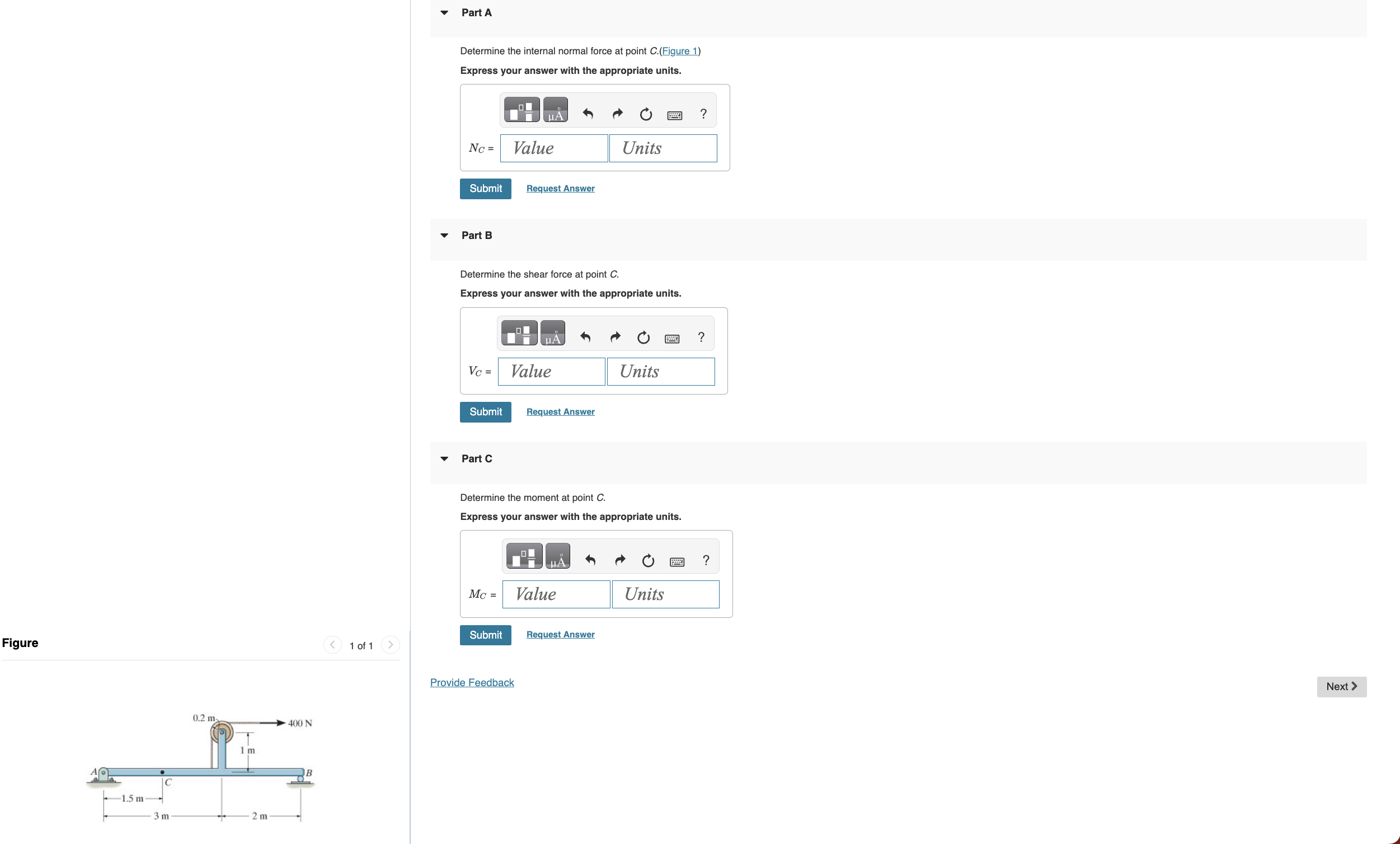 Determine the internal normal force at point C .