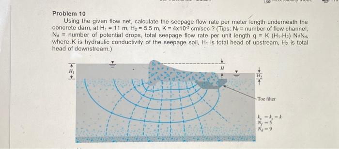 Using the given flow net, calculate the seepage