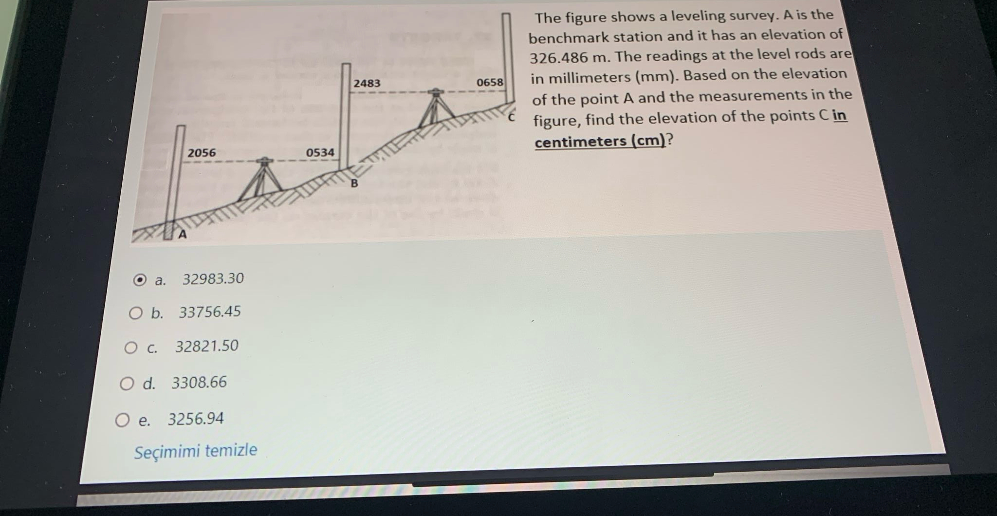 The figure shows a leveling survey. A is the