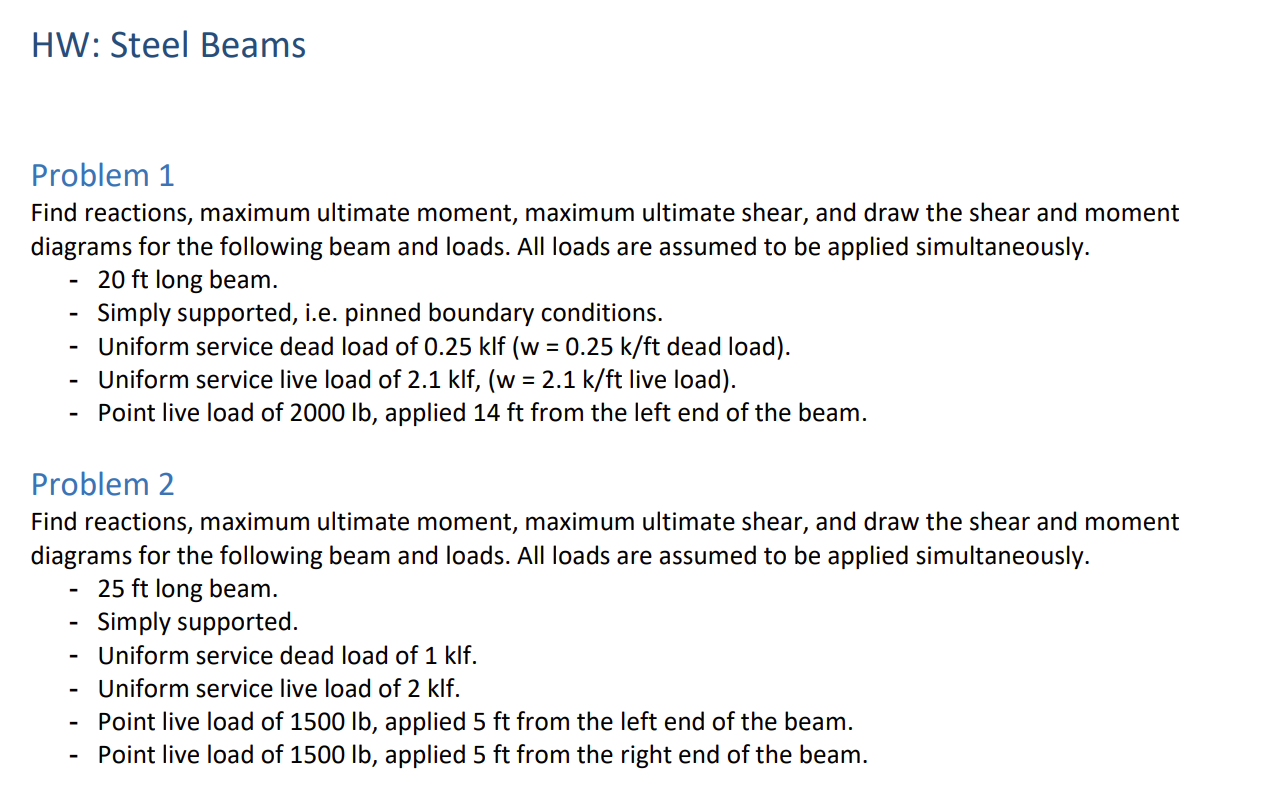 HW: Steel Beams Problem 1 Find reactions, maximum