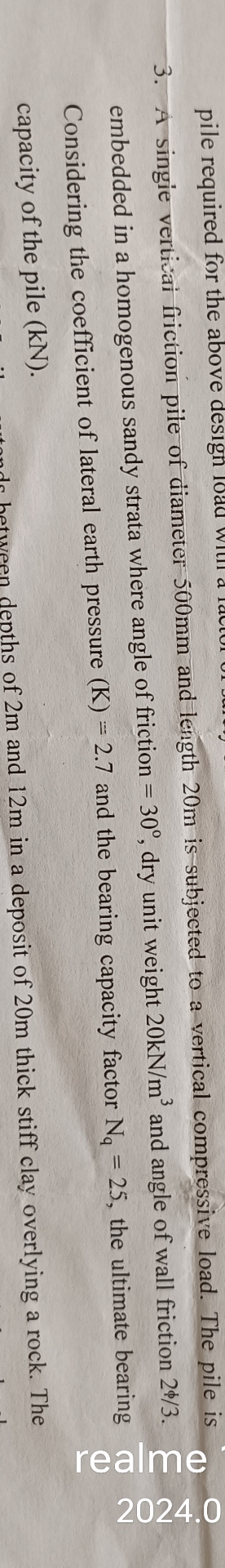 A singie vertivai friction pile of diameter 5 0 0