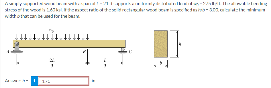 A simply supported wood beam with a span of L = 2