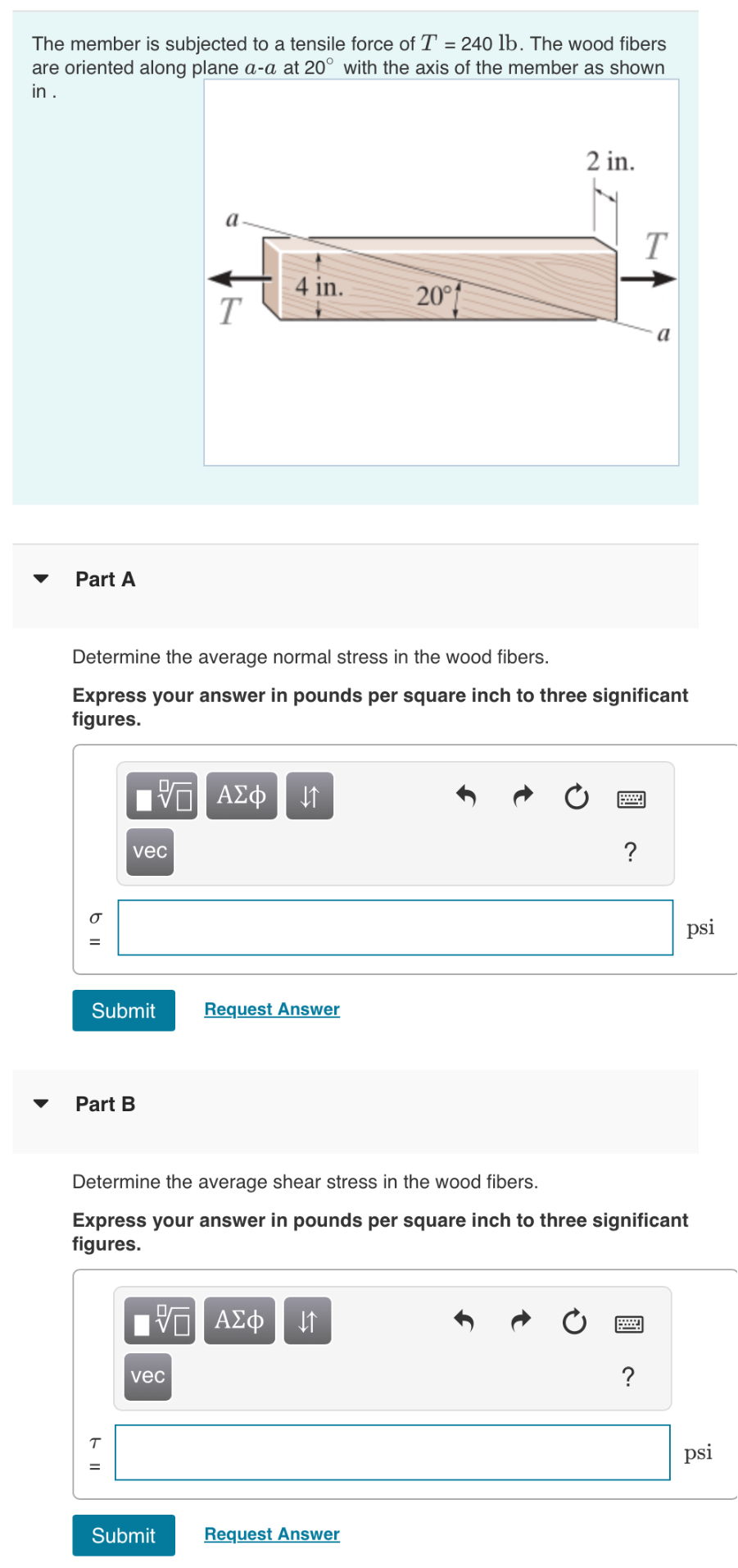 The member is subjected to a tensile force of T =