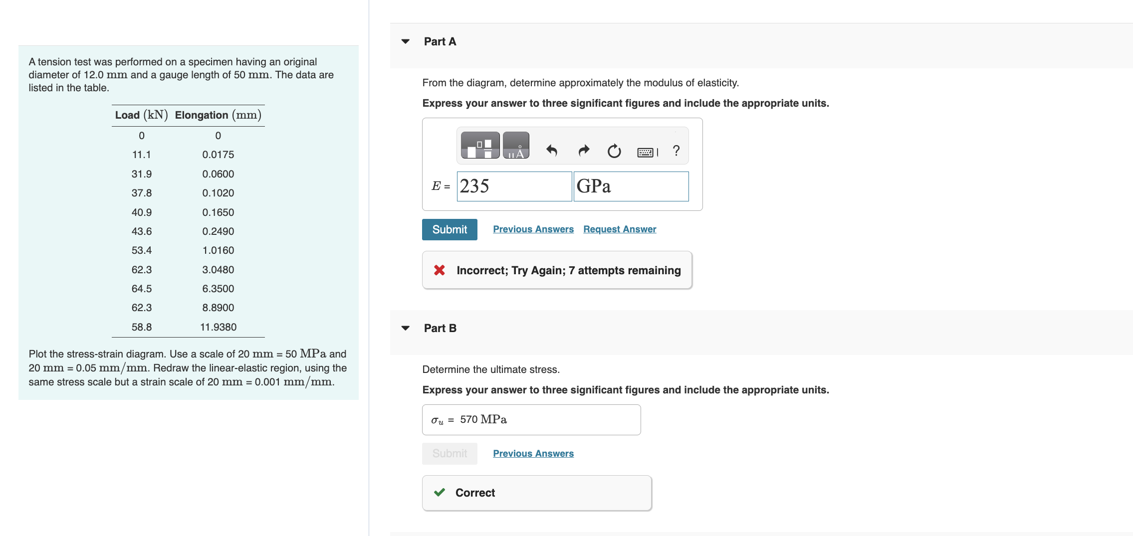 A tension test was performed on a specimen having