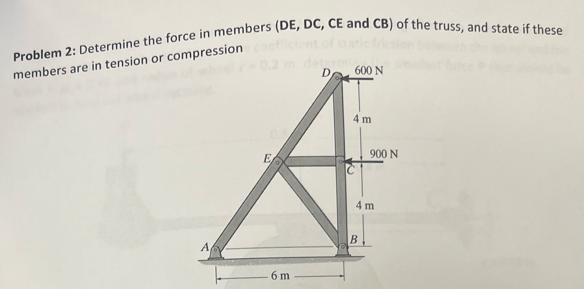 Problem 2 : Determine the force in members ( DE ,