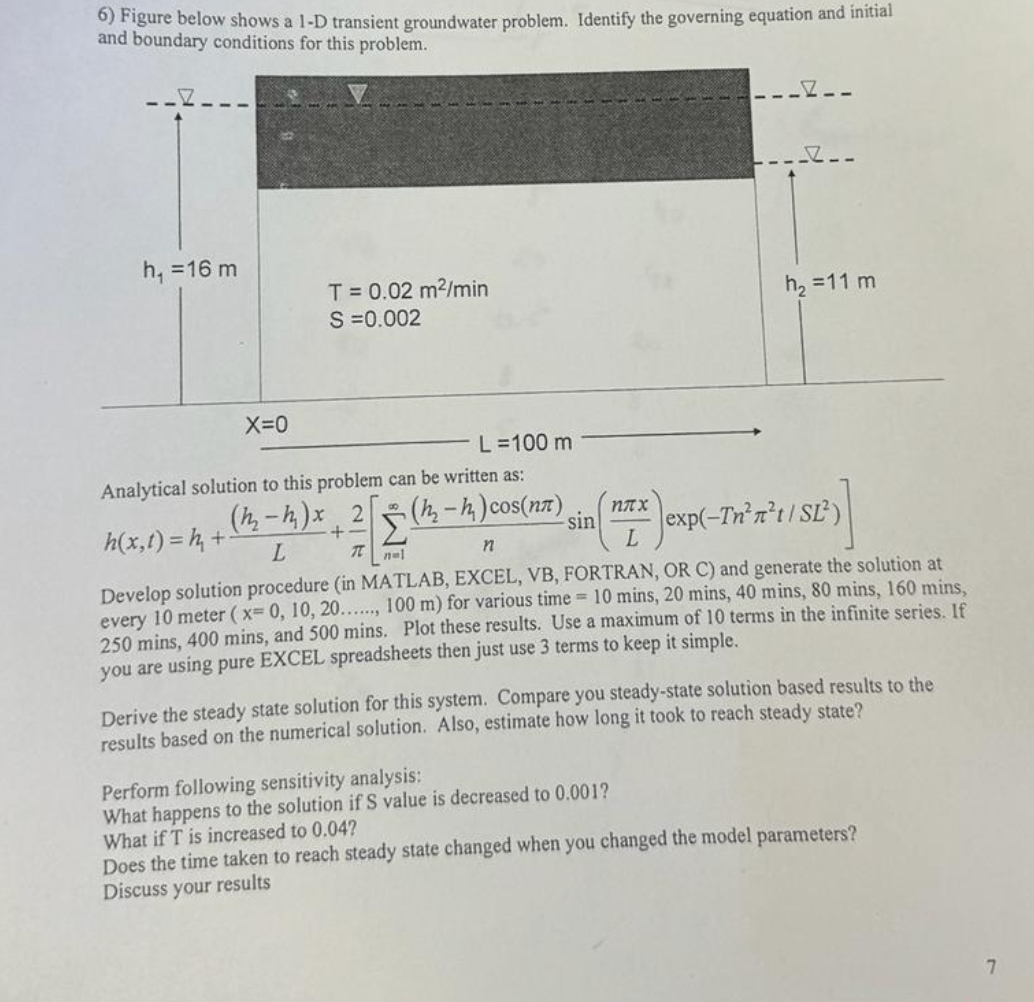 Figure below shows a 1 - D transient groundwater
