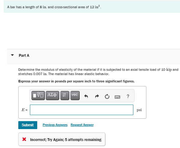 A bar has a length of 8 in . and cross -