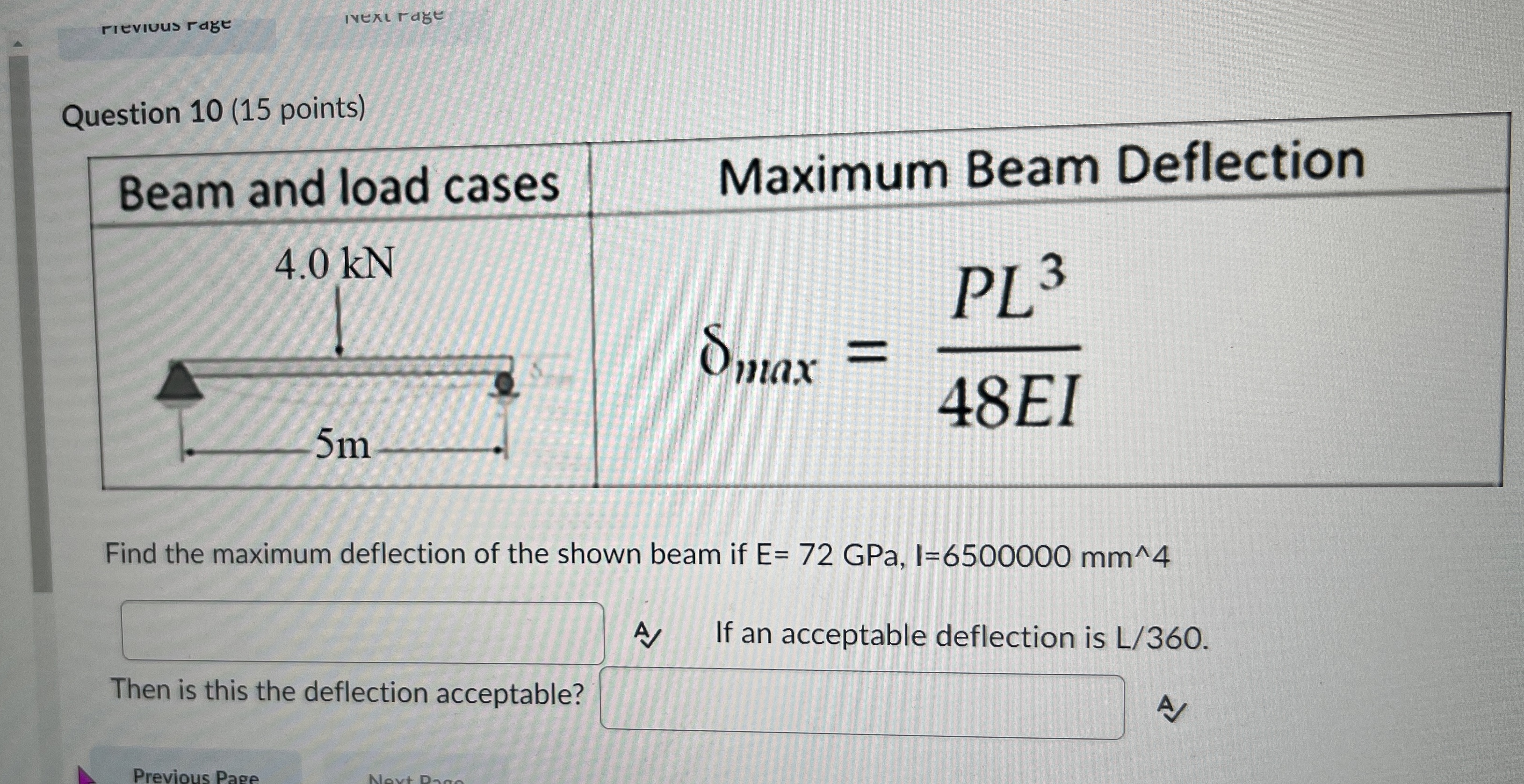 Question 1 0 ( 1 5 points ) \ table [ [ Beam and