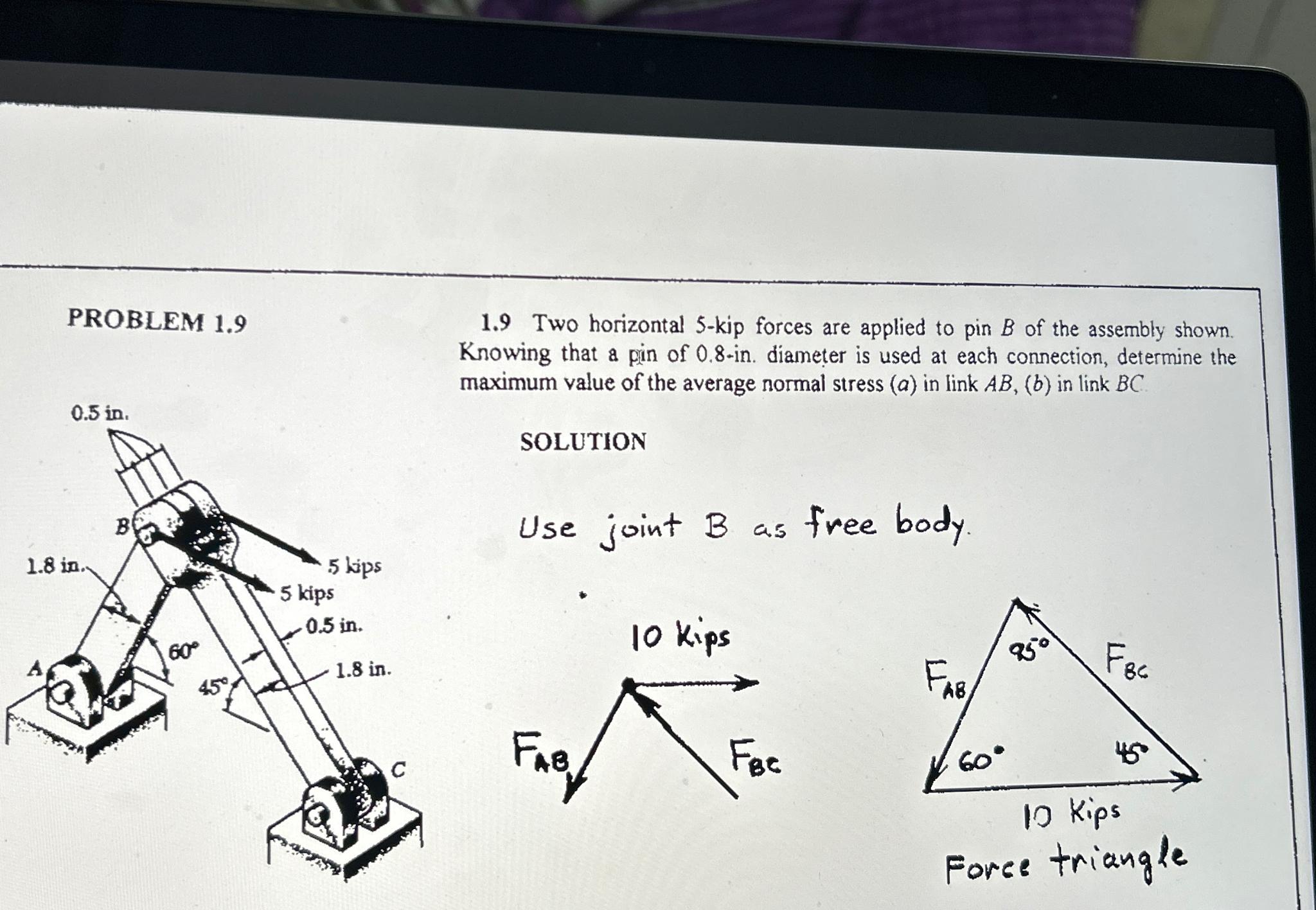 PROBLEM 1 . 9 1 . 9 Two horizontal 5 - kip forces
