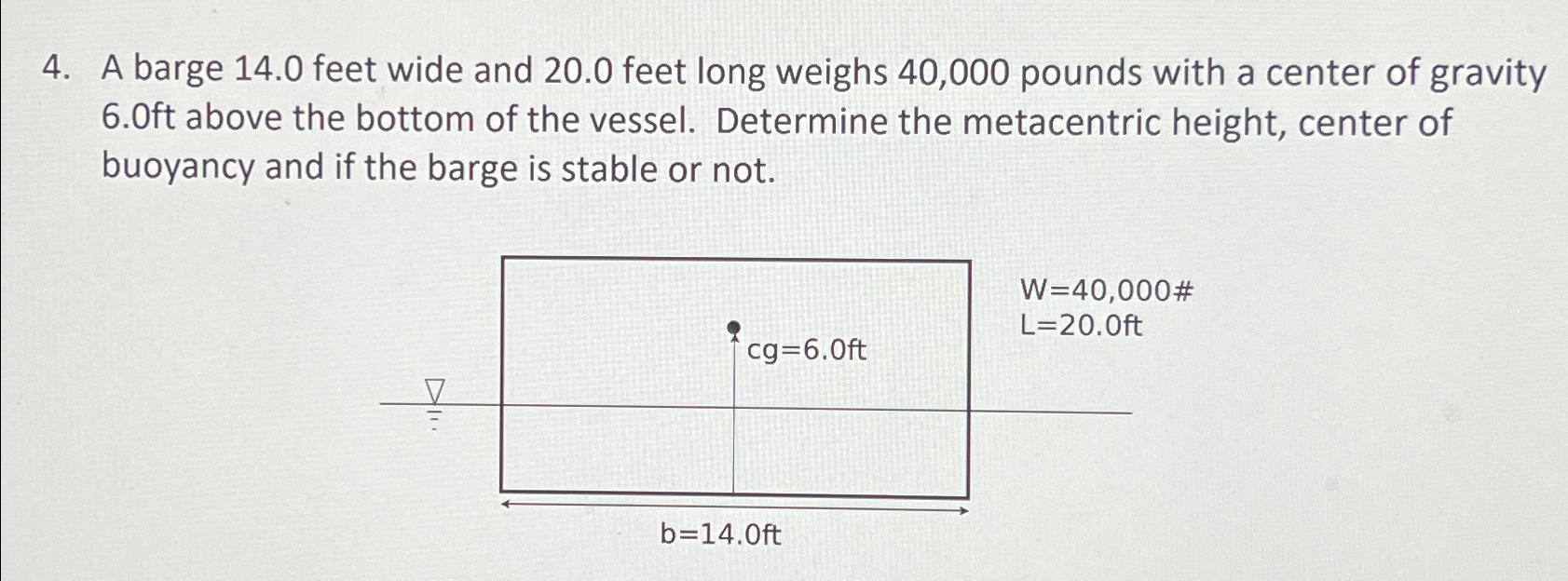 A barge 1 4 . 0 feet wide and 2 0 . 0 feet long