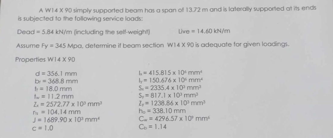 A W 1 4 X 9 0 simply supported beam has a span of
