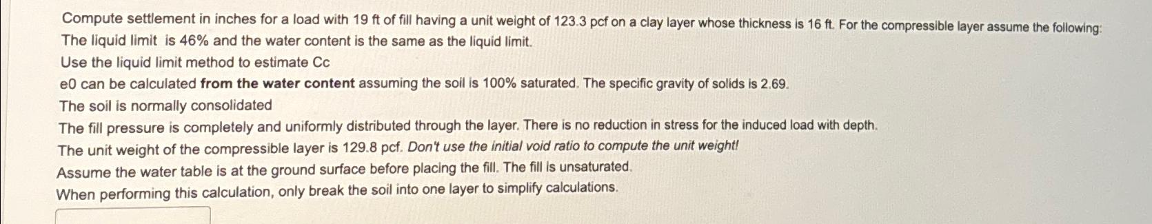 Compute settlement in inches for a load with 1 9