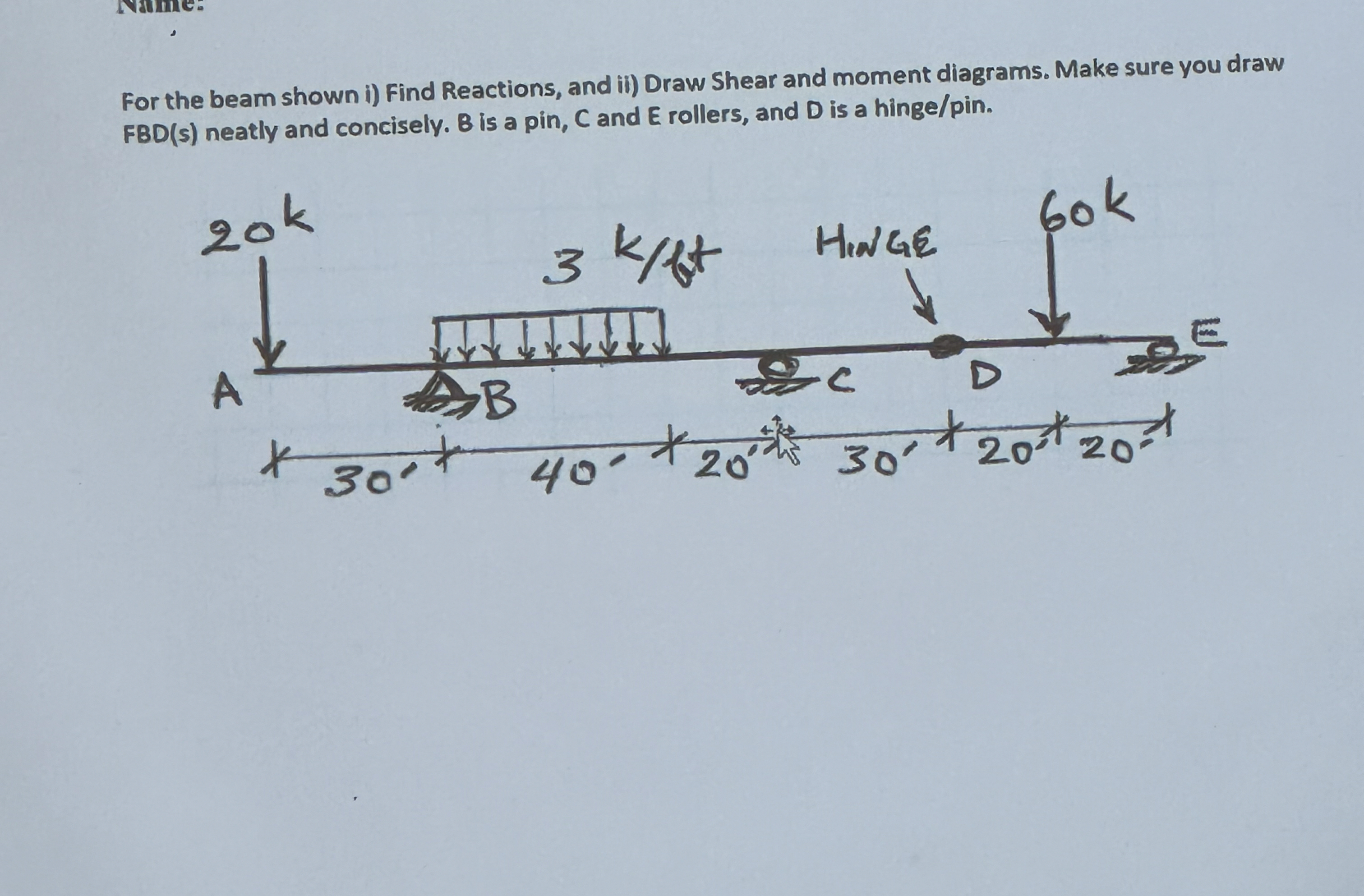 For the beam shown i ) Find Reactions, and ii )