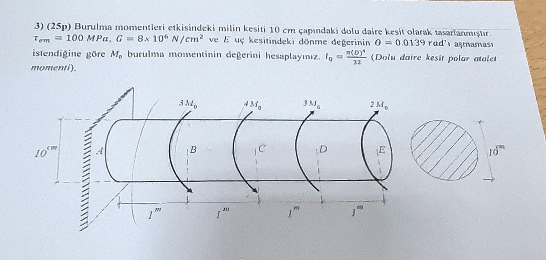 Burulma momentleri etkisindeki milin kesiti 1 0 c