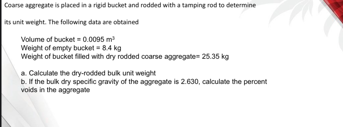 Coarse aggregate is placed in a rigid bucket and