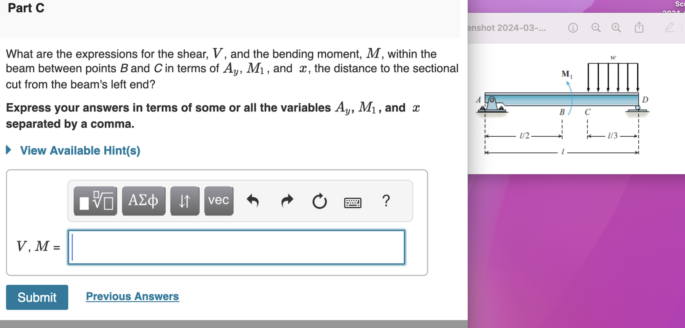 What are the expressions for the shear, V , and