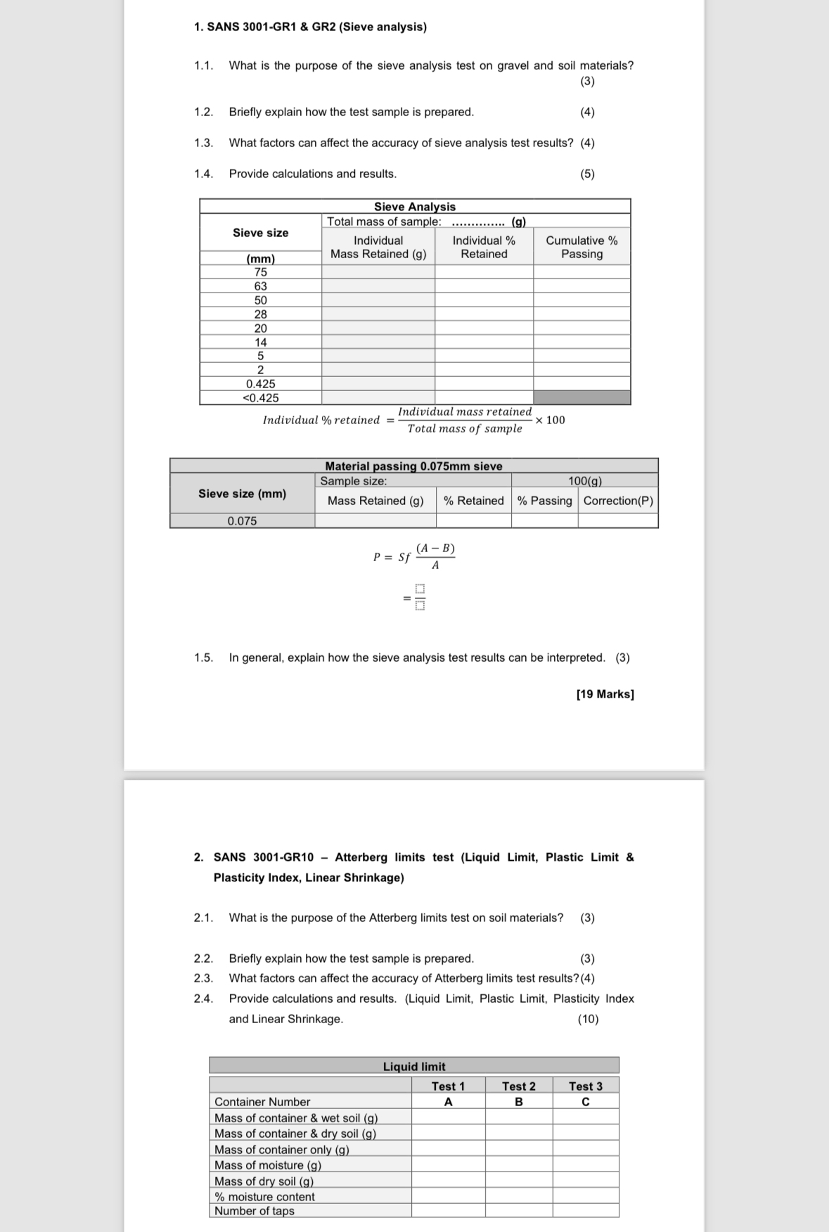 SANS 3 0 0 1 - GR 1 & GR 2 ( Sieve analysis ) 1 .