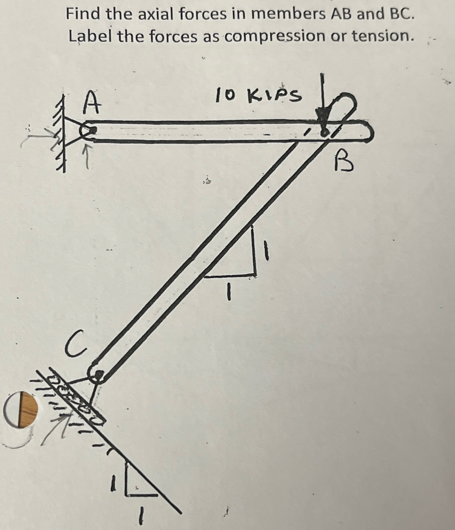 Find the axial forces in members A B and B C .