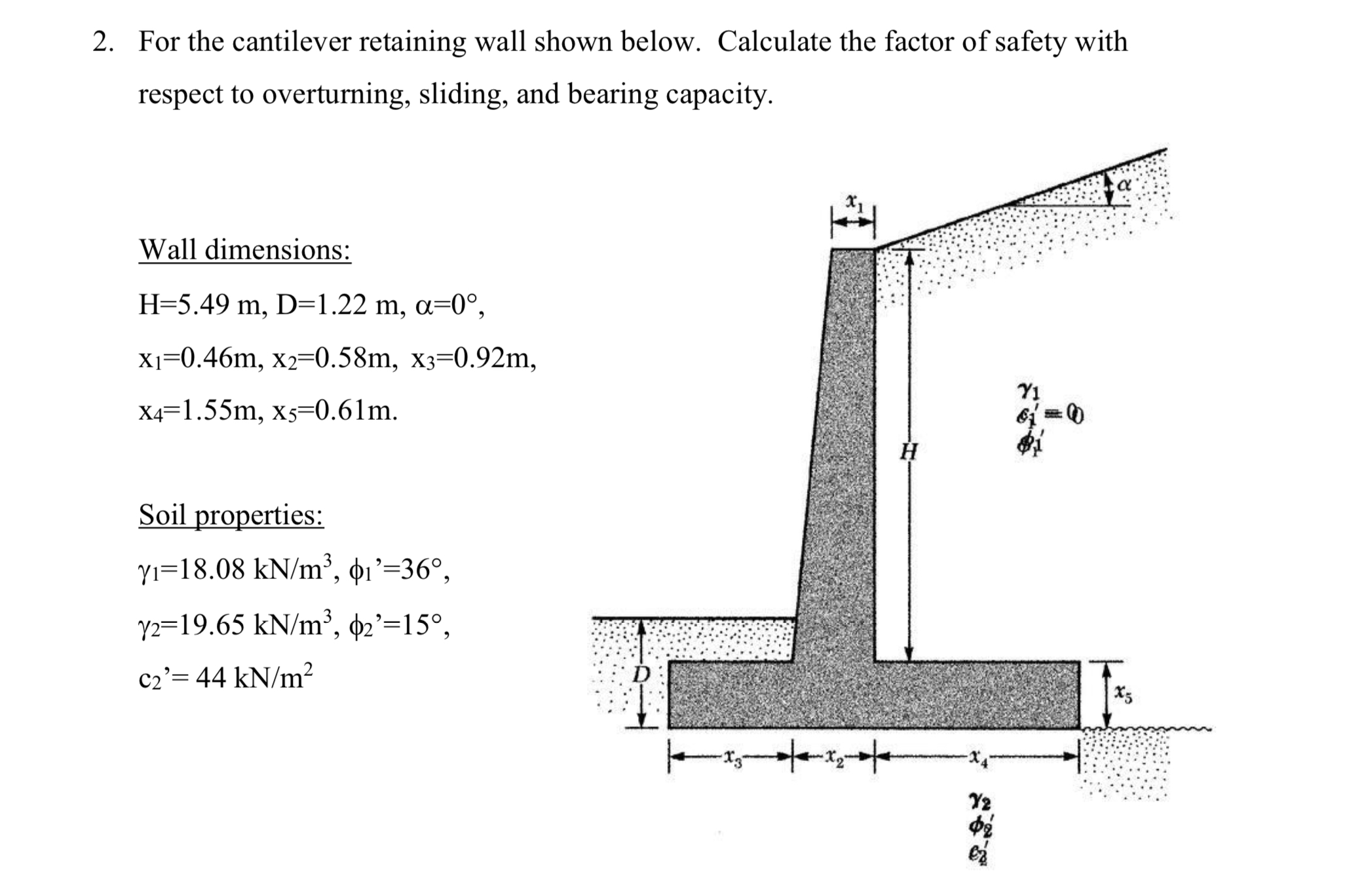 For the cantilever retaining wall shown below.