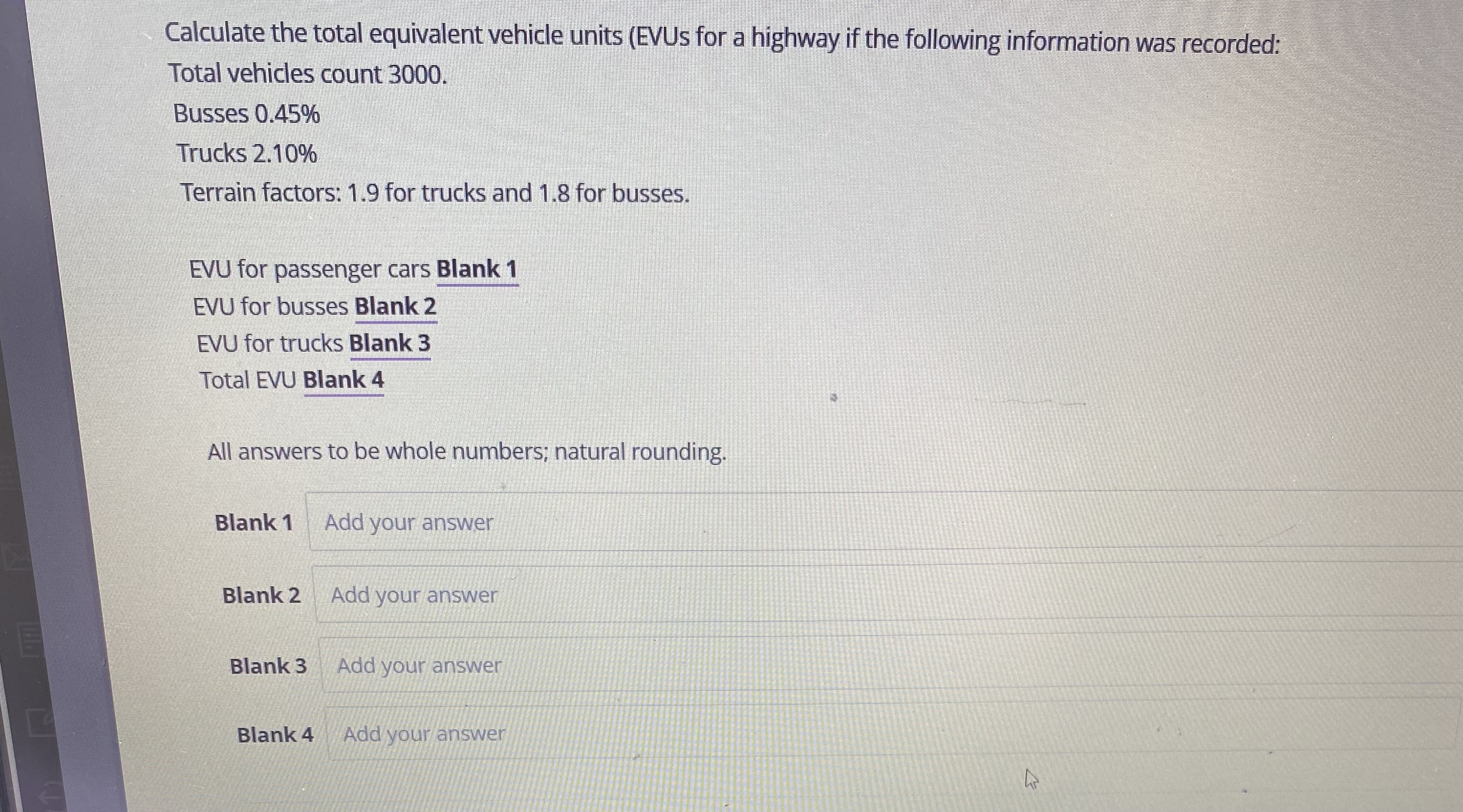 Calculate the total equivalent vehicle units (