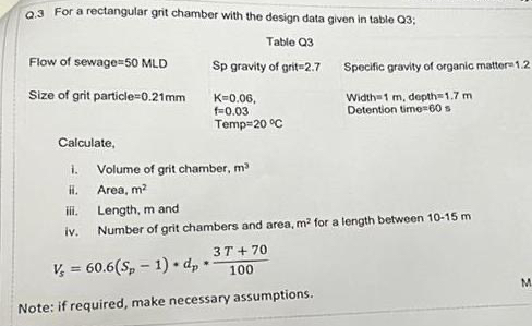 Q . 3 For a rectangular grit chamber with the