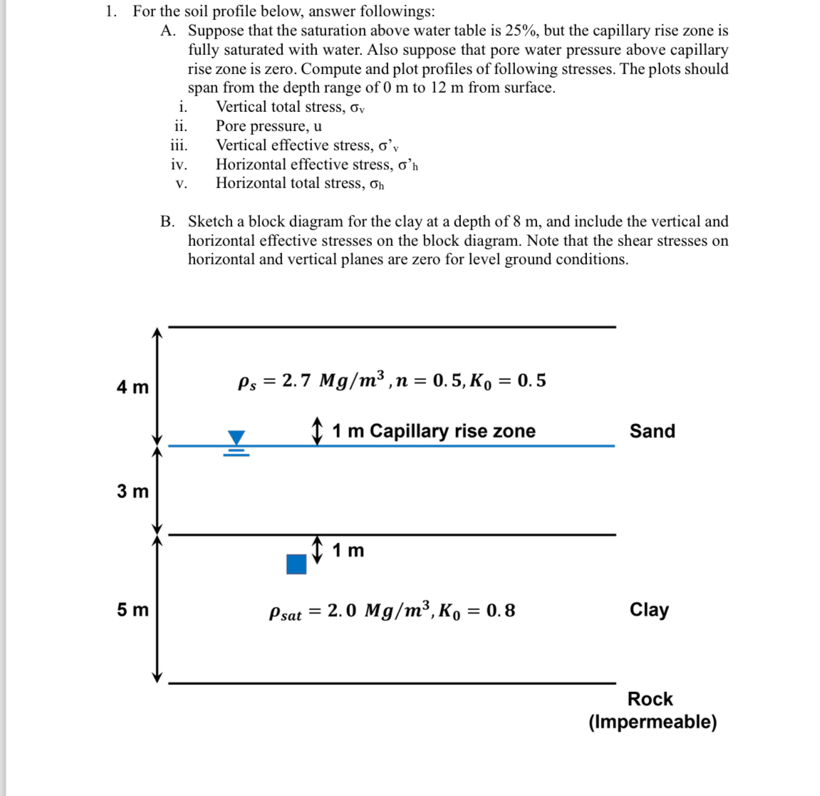 For the soil profile below, answer followings: A