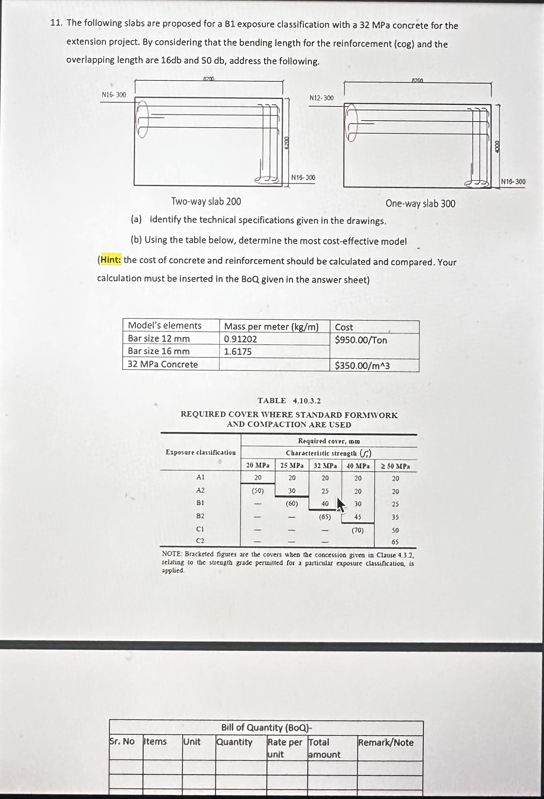 The following slabs are proposed for a B 1