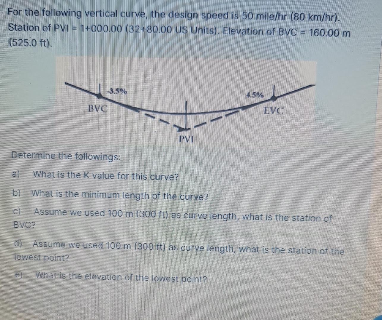 For the following vertical curve, the design
