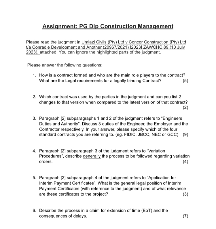 Assignment: PG Dip Construction Management Please
